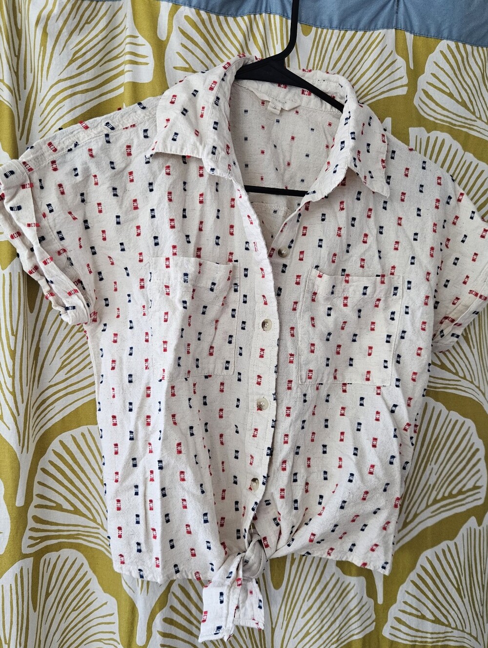 Lightweight Linen-blend Button Tie-Front Top